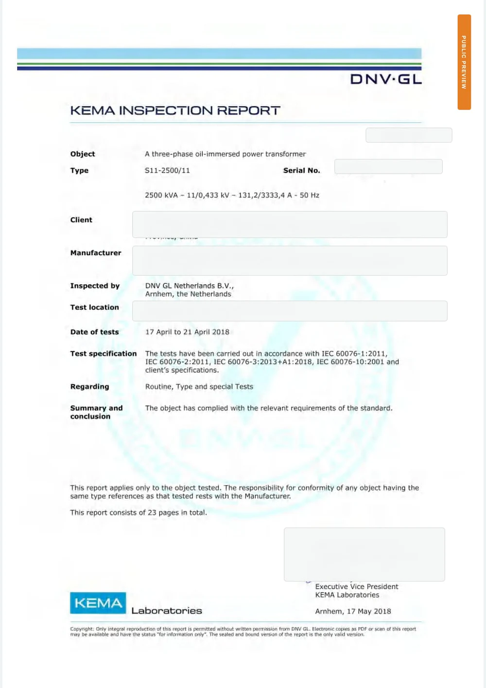 KEMA Oil Transformer Report