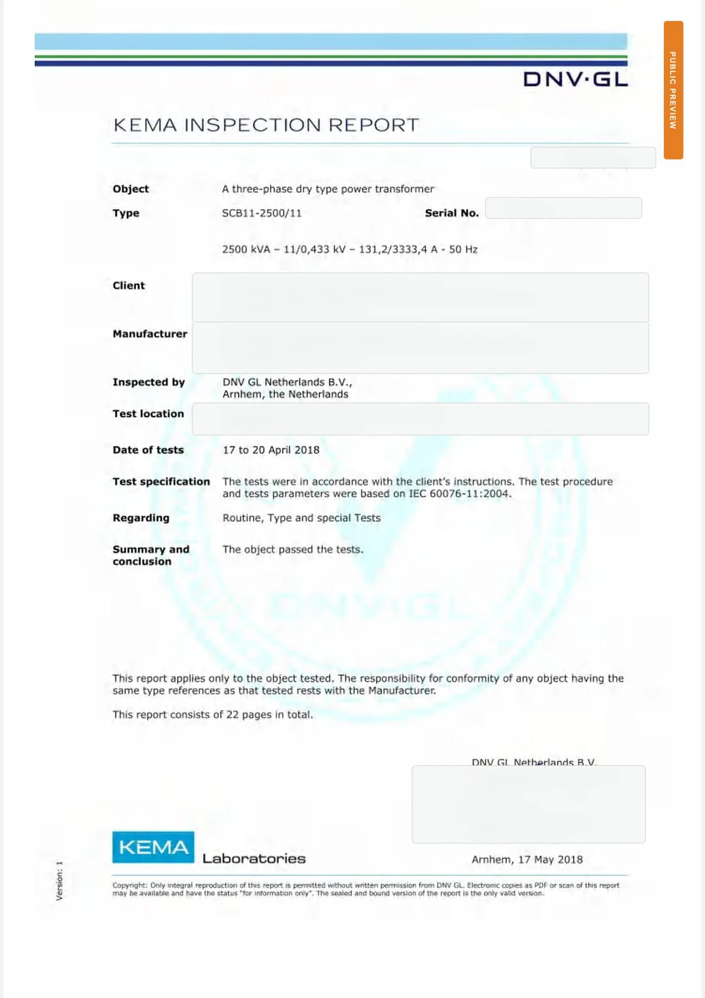 KEMA Dry-Type Transformer Report
